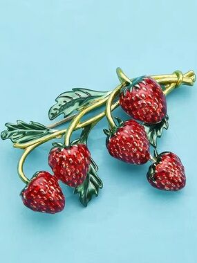 Red Strawberry Gold Green Branch Brooch